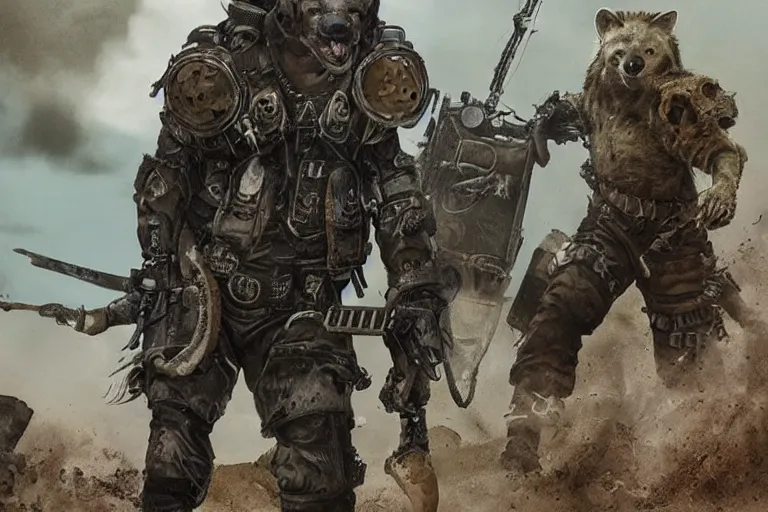 Image similar to a good ol'hyena fursona ( from the furry fandom ), heavily armed and armored facing down armageddon in a dark and gritty version from the makers of mad max : fury road. witness me.