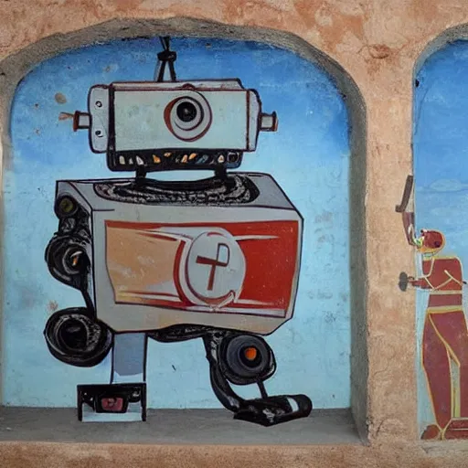 Prompt: fresco of a robot driving a car