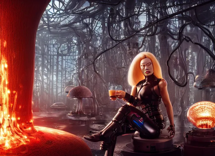 Image similar to photo of an intricate and sophisticated terminator woman with borg enhancements, blonde hair, plastic mask, sitting on a giant mushroom in a weird magical mechanical forest and drinking a cup of tea. Very detailed 8k. Fantasy cyberpunk horror. Sharp. Unreal 5 render with nanite, global illumination and path tracing. Cinematic post-processing