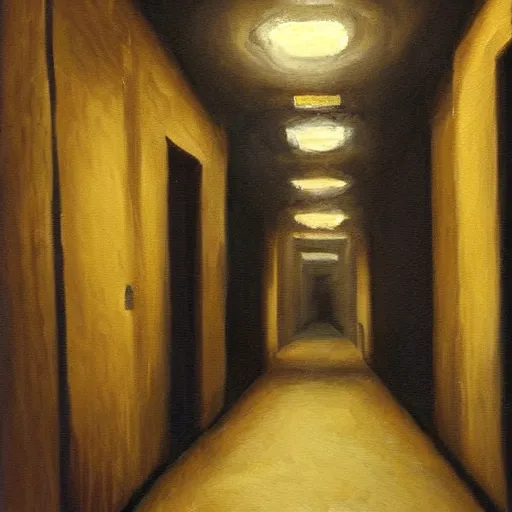 Image similar to a dungeon hallway with a single torch on the wall. a man is walking in the hallway, oil painting