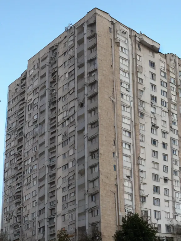 Image similar to low - cost soviet panel apartment building photo, extreme wide shot