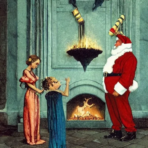 Image similar to illustration: vogue designer Santa Claus Sacrificing the Elves to a Volcano God Altar giorgio de chirico marc simonetti norman rockwell postcard stamp