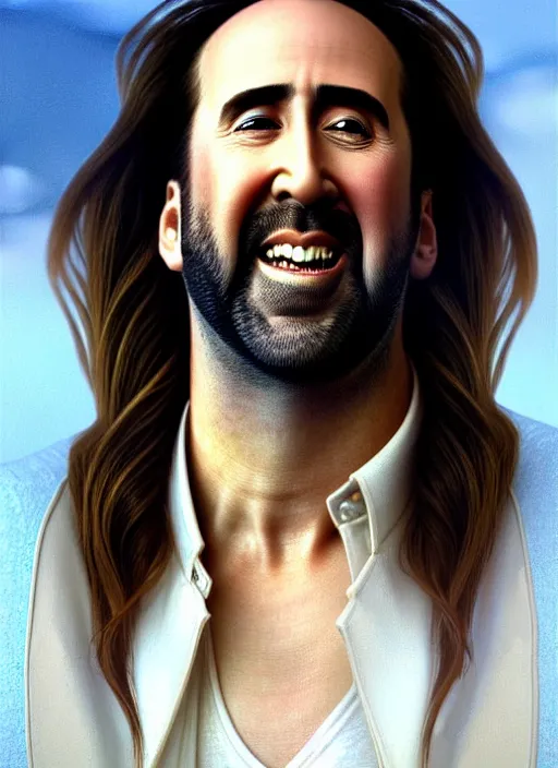 Image similar to symmetry!! portrait of nicolas cage, long hair in the wind, smile, happy, white vest, intricate, elegant, highly detailed, digital painting, artstation, concept art, smooth, sharp focus, illustration, art by artgerm and greg rutkowski and alphonse mucha