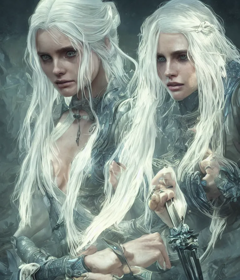 Prompt: Abbey Lee as Ciri in The Witcher 3, intricate, elegant, highly detailed, digital painting, artstation, concept art, smooth, sharp focus, illustration, art by artgerm and greg rutkowski and alphonse mucha,