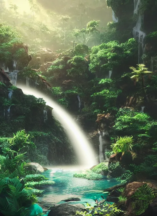 Prompt: epic jungle turquoise waterfall, highly detailed, mist, god rays, cinematic, cinematic lighting, octane render, ultra details, pastel painting by tyrus wong, 8K