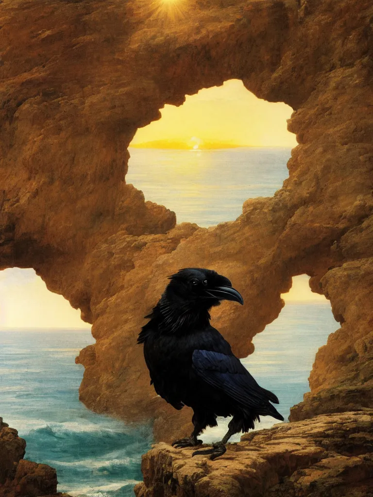 Prompt: a breathtakingly stunningly beautifully highly detailed close up portrait of a raven under a rock arch, epic coves crashing waves plants, beautiful clear harmonious composition, dynamically shot, wonderful strikingly beautiful serene sunset, detailed organic textures, by frederic leighton and rosetti and turner and eugene von guerard, 4 k