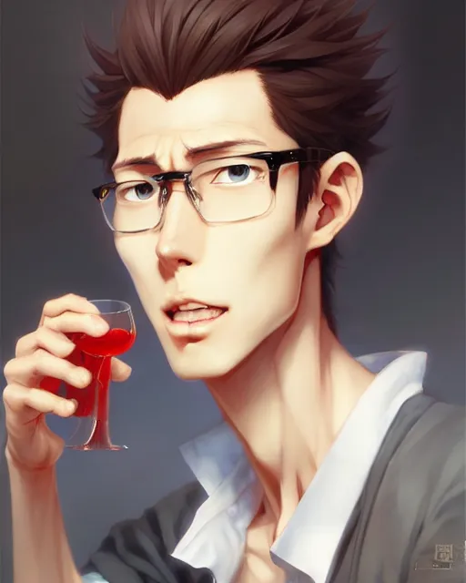 Prompt: anime portrait of a skinny man using a glass with a hude Adam's apple by Stanley Artgerm Lau, WLOP, Rossdraws, James Jean, Andrei Riabovitchev, Marc Simonetti, and Sakimichan, trending on artstation