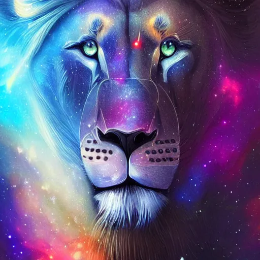 Image similar to geometric lion with galaxy eyes in space, nebula in the background, intricate, elegant, highly detailed, digital painting, artstation, concept art, smooth, sharp focus, illustration, art by artgerm