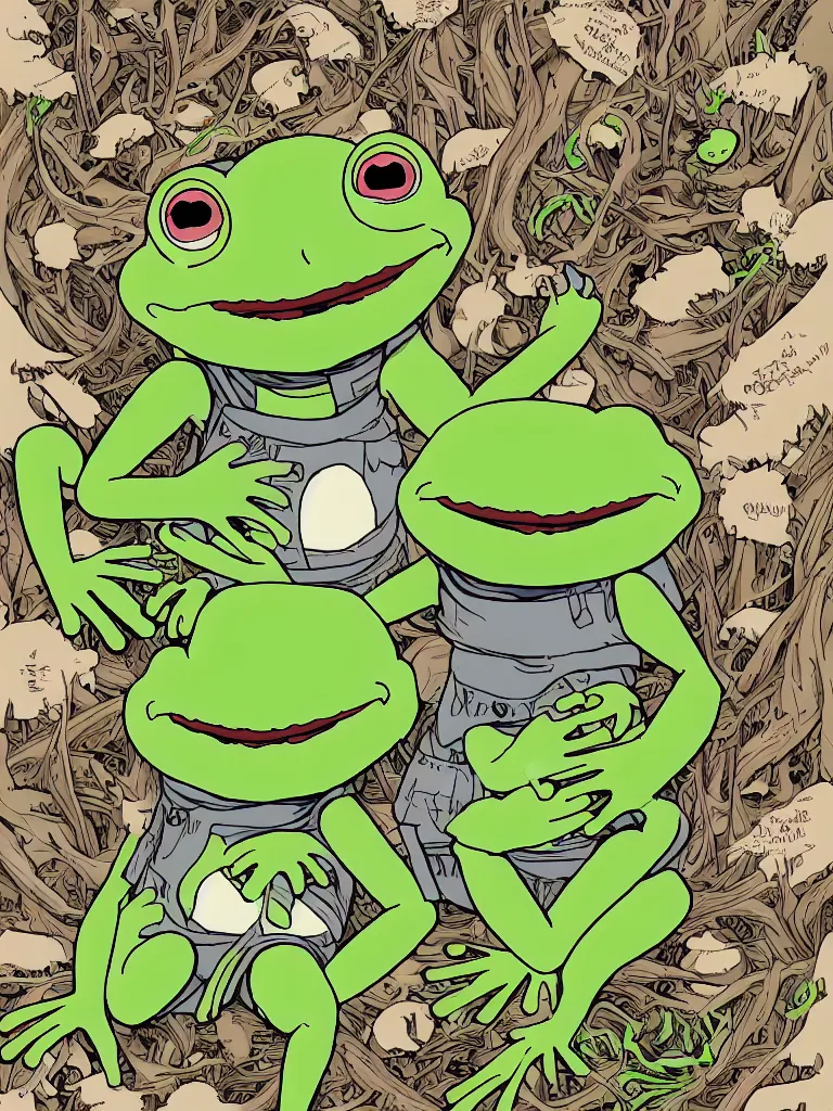 Prompt: resolution 4k the world is ending happiness in the smile of pepe the frog happiness of gods empire worlds of Akihito Tsukushi made in abyss design dark forest ivory dream like storybooks and rhyes wandering army of pepe the frog pepe the frog with family and friends in military uniforms happy eating the flesh of other frogs gore blood unrelenting suffering wholesome soft and warm primordial the value of despair uncertainty loss of the world and the death of love, pepe the frog , art in the style of Tony DiTerlizzi , Francisco de Goya and Akihito Tsukushi and Arnold Lobel