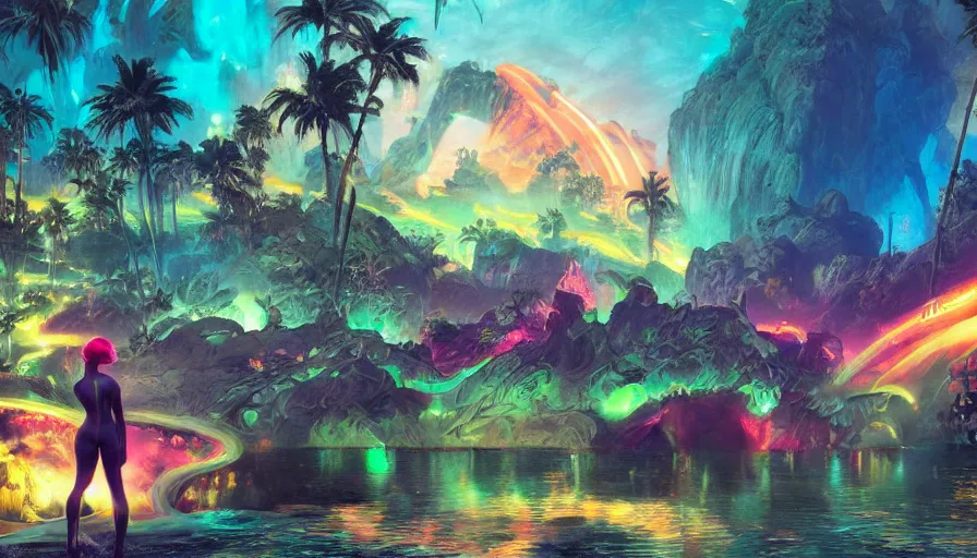 Prompt: frank frazetta art, science fiction landscape, glowing woman from the future, colorful creatures and neon palm trees, rainbow in the background, shape shifting water, deviant art, unreal engine, realistic shading, realistic render, octane render, detailed textures, photorealistic, wide shot