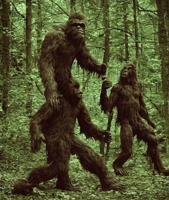 Image similar to bigfoot vs. mothman, cryptid battle, found footage, eerie, foreboding