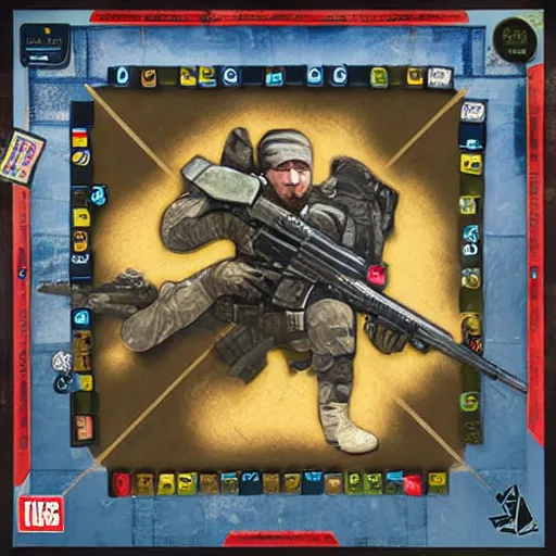 Prompt: cs go as board game box, kid, bright, funny, c4, multiplayer