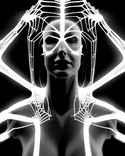 Image similar to black and white cyborg-plant goddess high quality photo, artificial intelligence, bio-mechanical bio-luminescence, artificial spider web, neurons, nerve cells, octane render, cinematic, rim light, hyper realism, photo-realistic, high detail, 8k, in the style of Steven Meisel and Dora Maar and H.G. Giger