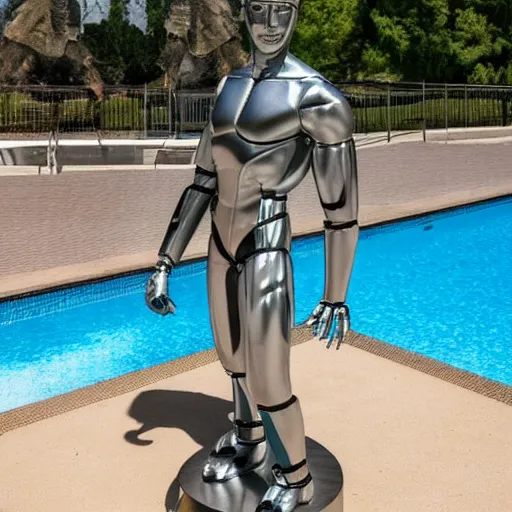 Image similar to a realistic detailed photo of a guy who is an attractive humanoid who is half robot and half humanoid, who is a male android, wrestler nick suriano, shiny skin, posing like a statue, blank stare, by the pool, on display, showing off his muscles, humanoid robot, frozen ice statue