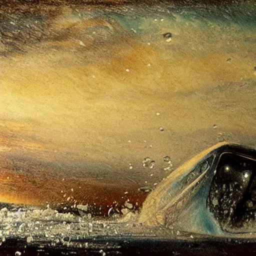 Prompt: car drifting on ice in the north pole. icebergs. toyota commercial. style of turner paintings