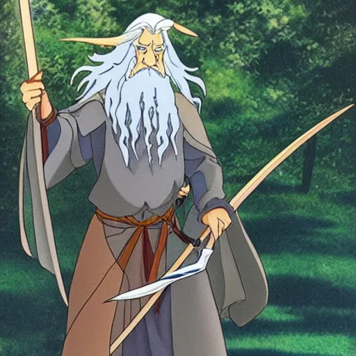 Image similar to gandalf from the anime lord of the rings (1986), holding a wooden staff, studio ghibli, very detailed, realistic