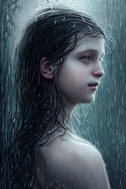 Image similar to portrait of a girl in the upside down rain with wet hair and face, fantasy, intricate, elegant, dramatic lighting, emotionally evoking symbolic metaphor, highly detailed, lifelike, photorealistic, digital painting, artstation, concept art, smooth, sharp focus, illustration, art by John Collier and Albert Aublet and Krenz Cushart and Artem Demura and Alphonse Mucha