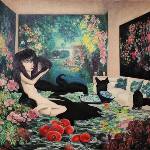 Image similar to emo catgirl artist in her flooded lounge room, painting of flood waters inside an artist's loungeroom, a river flooding indoors, pomegranates, pigs, ikebana, water, octopus, river, rapids, waterfall, black swans, canoe, berries, acrylic on canvas, surrealist, by magritte and monet