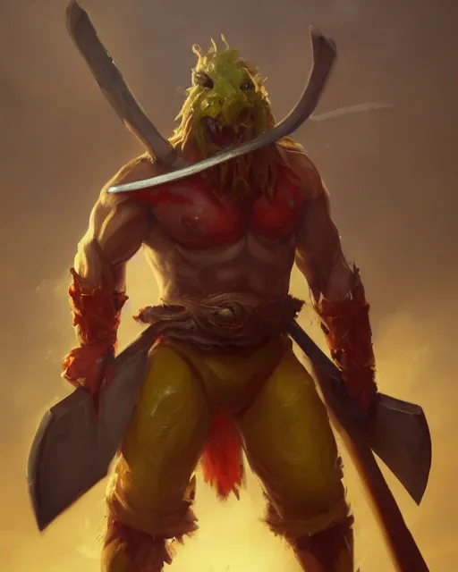 Prompt: oil painting of an anthropomorphized angry banana, sharp focus, holding axes, heroic pose, fantasy style, octane render, volumetric lighting, 8k high definition, by greg rutkowski, highly detailed, trending on art Station, magic the gathering artwork, Battlefield backround, centered