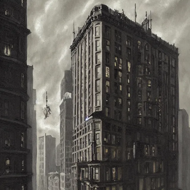 Prompt: ultra - realistic painting gothic 1 9 2 0 s 1 0 - storey hotel in downtown boston overlooking a dark street, atmospheric lighting, gloomy, foreboding