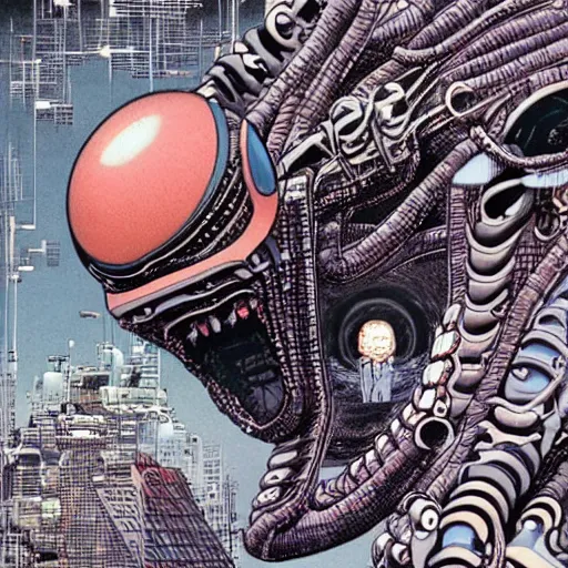 Prompt: A Hyper-Detailed Alien, Future Tech, Art by Katsuhiro Otomo ::