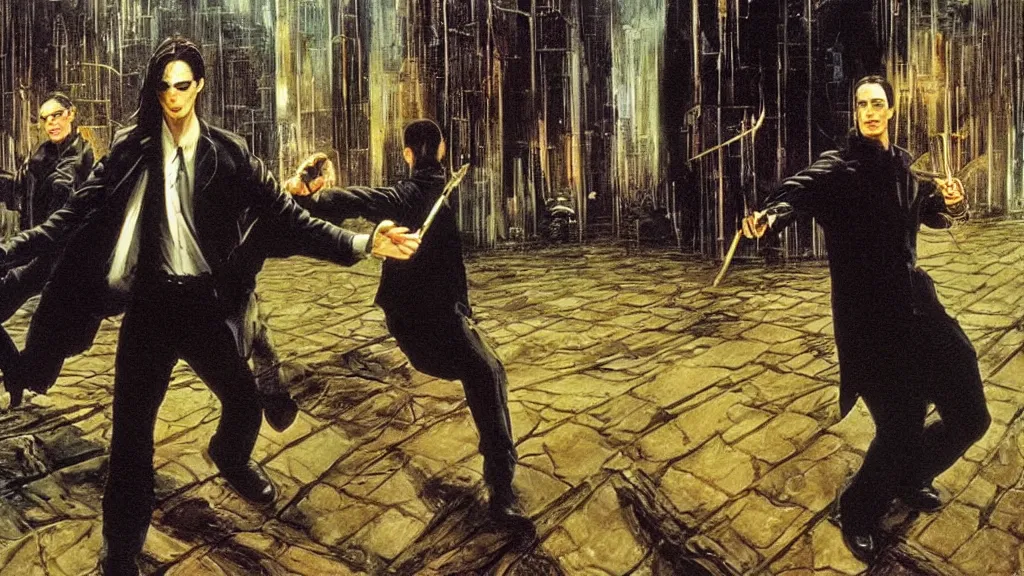 Prompt: an oil painting in the style of alan lee depicting the plot of the movie the matrix ( 1 9 9 9 )