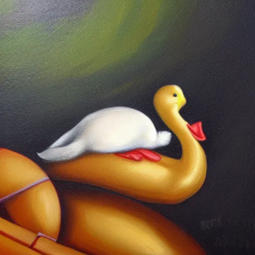 Prompt: cat riding a duck, detailed oil painting