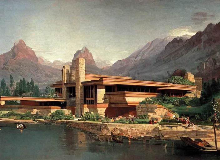 Prompt: painting of a frank lloyd wright house in front of beautiful mountains by canaletto