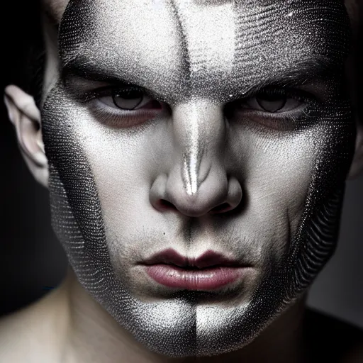 Image similar to a close up portrait of a beautiful athletic young persian male with his face covered in silver leaf , photographed by erwin olaf, artistic