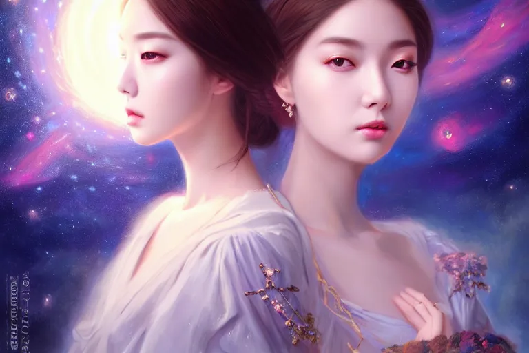 Prompt: masterpiece portrait charming and miracle female luxury france astromancer arty accessories in dreamlike movie, kpop, miracle, high detailed face, art by artgerm, greg rutkowski, sasoura, satchely, big major starry sky and atlantis city in background, uhd, medium long shot, fantasy, twlight, no distorsion, sharp focus