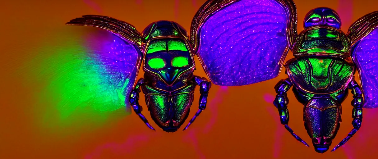 Image similar to high quality photo glowy iridescent cyborg scarab! jeweled very beautiful! highly detailed digital art david ligare elson peter cinematic purple neon lighting high quality low angle hd 8k sharp shallow depth of field