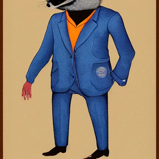 Image similar to anthropomorphic racoon,, male, blue jacket