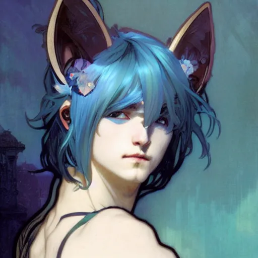 Prompt: Portrait of a pretty fantasy catboy with blue hair and cute small cat ears. Art by Greg Rutkowski and Alphonse Mucha