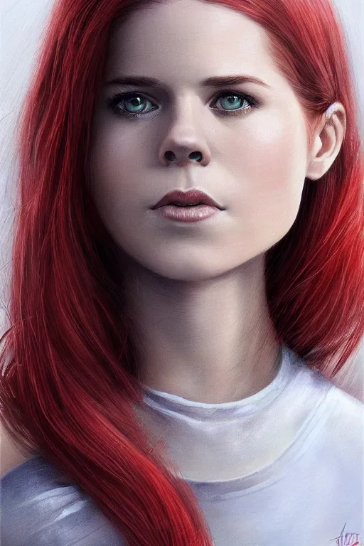 Prompt: ultra realistic style illustration of a beautiful cute red haired joyful teen girl, long hair, face of teen kate mara, sci - fi, fantasy, intricate, elegant, digital painting, artstation, concept art, smooth, sharp focus, illustration, 8 k frostbite 3 engine, ultra detailed, art by artgerm and greg rutkowski and magali villeneuve