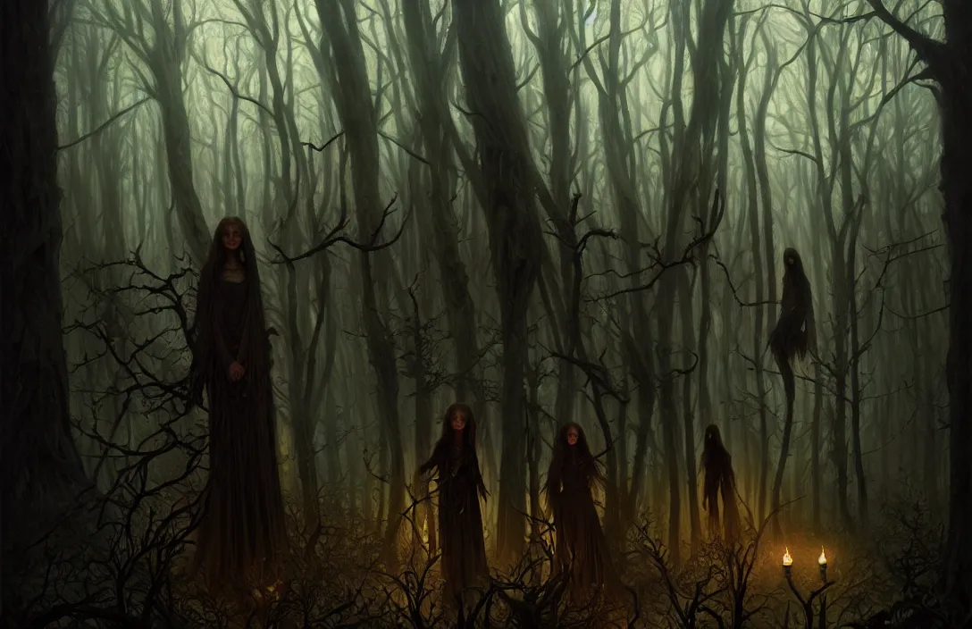 Image similar to shadow people inside a dark horror forest, heroic lighting, folklore, intricate, highly detailed, lifelike, photorealistic, digital painting, artstation, illustration, concept art, smooth, sharp focus, art by John Collier and Albert Aublet and Krenz Cushart and Artem Demura and Alphonse Mucha