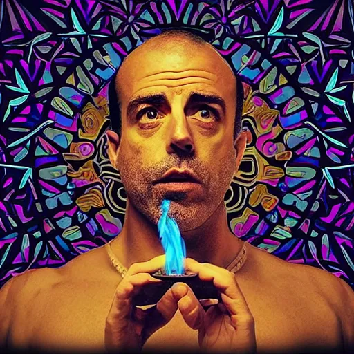 Image similar to “ joe rogan smoking dmt with jordan peterson, vivid, psychedelic, photorealistic ”