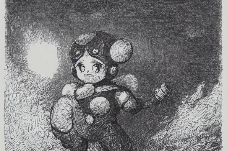 Prompt: Megaman as Pikachu, Gustave Dore lithography