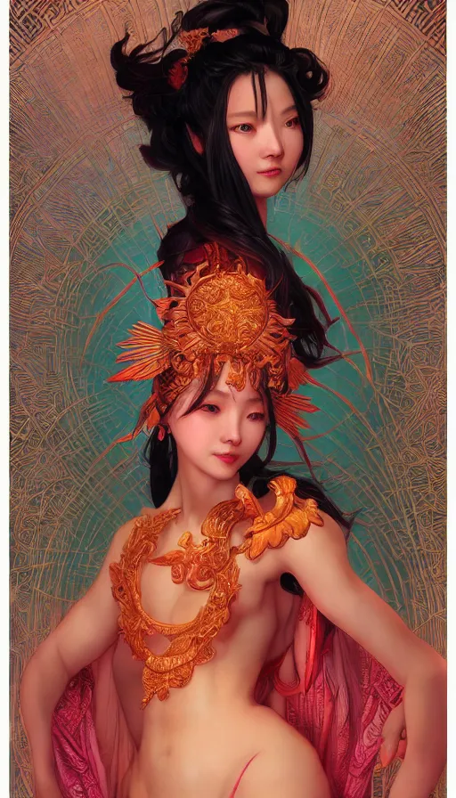 Image similar to mythology, neon, Female Ancient China Dance Vol 01 - Reference Pictures artstation, fibonacci, sweat drops, insane, pinup, intricate, highly detailed, digital painting, artstation, concept art, smooth, sharp focus, illustration, Unreal Engine 5, 8K, art by artgerm and greg rutkowski and alphonse mucha