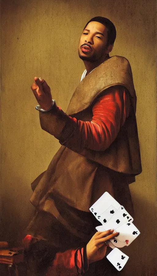 Prompt: romeo santos playing cards by johannes vermeer, brown skin, classical painting, digital painting, romantic, vivid color, oil painting
