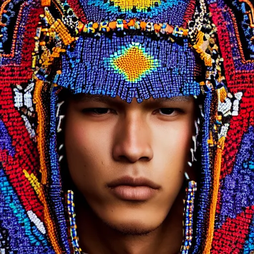 Image similar to a portrait of a beautiful young male wearing an alexander mcqueen armor made of huichol beads , photographed by andrew thomas huang, artistic