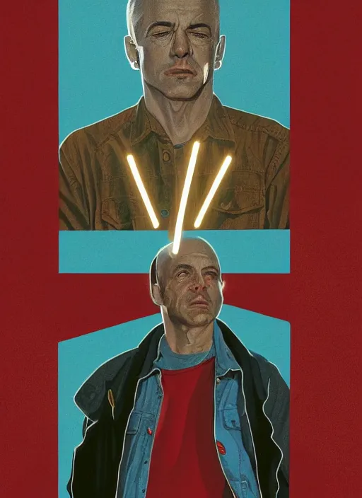 Image similar to Twin Peaks poster artwork by Michael Whelan and Bob Larkin, of portrait of Joe Rogan in red flannel, spotlight from the sky shining on him, from scene from Twin Peaks, clean, simple illustration, nostalgic, domestic