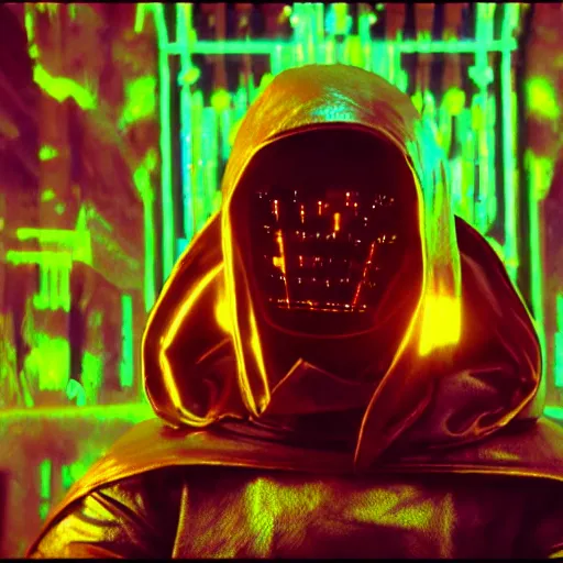 Image similar to electric warrior monks, robed, cyberpunk cathedral, special effects, neon, cyberpunk, realistic, cinematic style, visually stunning, 35mm, film post process