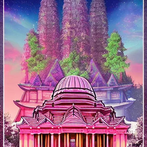 Image similar to mystical realistic poster with shaded lighting by arjun brooklyn radiant light, detailed and complex environment, solace, beautiful, utopic city in the sky with many buildings and temples reflecting an older ancient city on the ground with old growth pine trees, overlaid sacred geometry, with implied lines, gradient of hot pink and neon baby blue