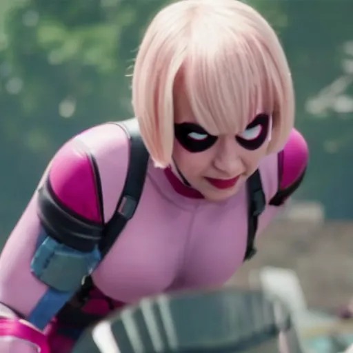 Image similar to A still of Gwenpool in Deadpool 3 (2023), no mask, blonde hair with pink highlights