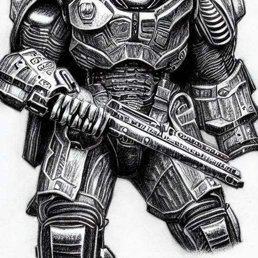 Image similar to a hyper - detailed pencil drawing of doom slayer by kentaro miura,