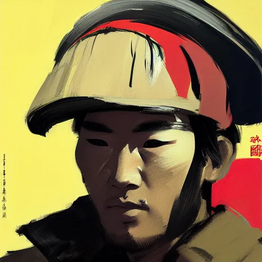 Image similar to ashley wood portrait painting of, a samurai, with mouseketeer hat on, as overwatch character, medium shot, asymmetrical, profile picture, organic painting, dramatic lighting, matte painting, bold shapes, hard edges, 6 0 s french movie poster, french impressionism, palette knife and brush strokes, dutch angle, by huang guangjian and gil elvgren and sachin teng