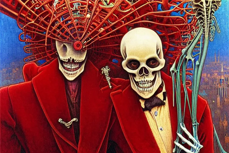 Image similar to realistic detailed closeup portrait painting of a single skeleton wearing red velvet blazer in a crowded futuristic moscow street by Jean Delville, Amano, Yves Tanguy, Alphonse Mucha, Ernst Haeckel, Edward Robert Hughes, Roger Dean, rich moody colours, blue eyes