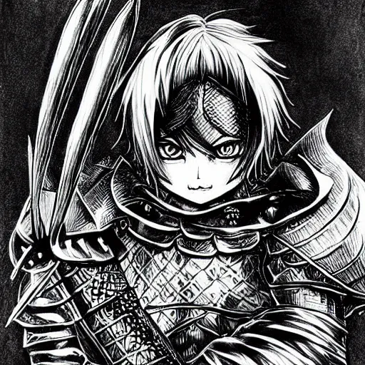 Prompt: Baby Kitten as a knight, highly detailed, black and white, manga, art by Kentaro Miura