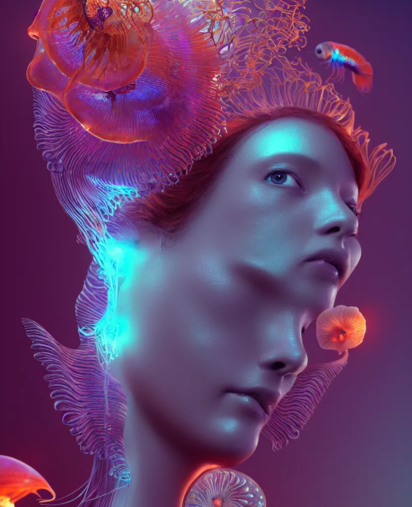 Image similar to goddess close-up portrait. orchid jellyfish phoenix head, nautilus, skull, betta fish, bioluminiscent creatures, intricate artwork by Tooth Wu and wlop and beeple. octane render, trending on artstation, greg rutkowski very coherent symmetrical artwork. cinematic, hyper realism, high detail, octane render, 8k