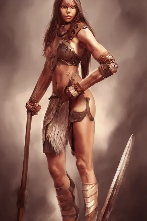 Prompt: head and legs portrait of a barbarian female, ultra sharp, very detailed, high quality focus by wlop